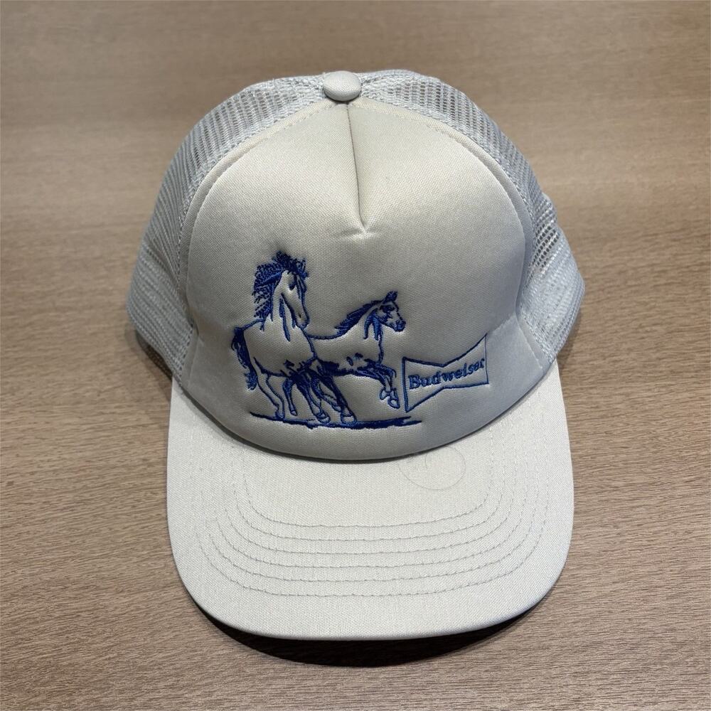 Budweiser White Mesh Trucker Hat Cap w/ Horse Embroidery Breweriana